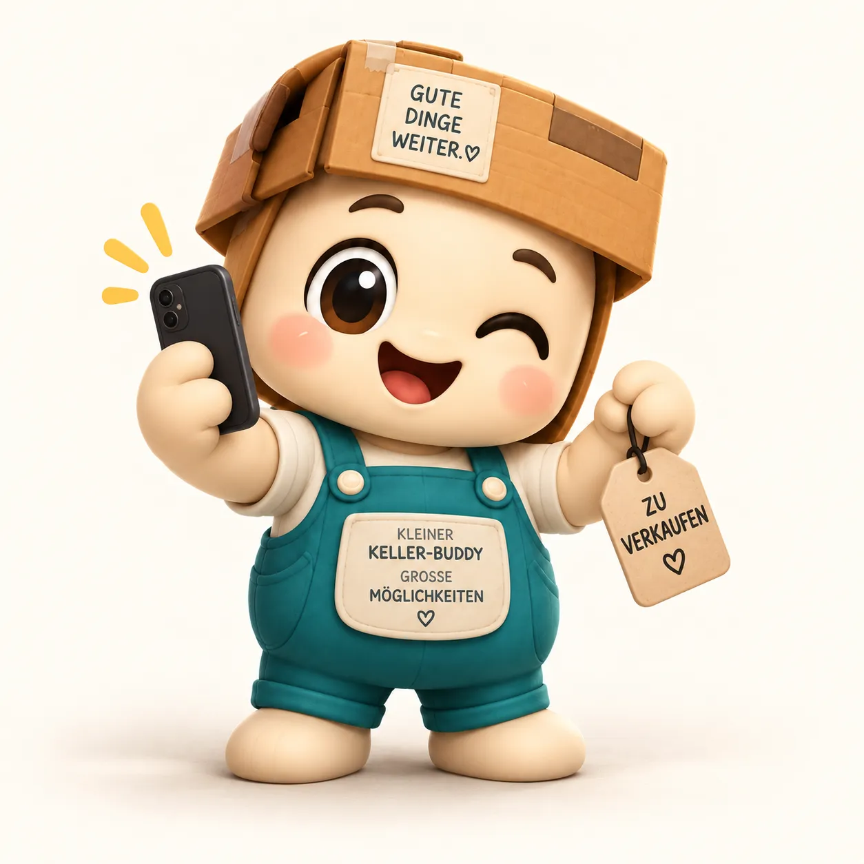 Keller-Buddy mit Handy und Preisschild